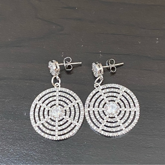 Silver-tone CZ Cubic Zirconia Round Swirl Web Pave Drop Earrings - Picture 12 of 13